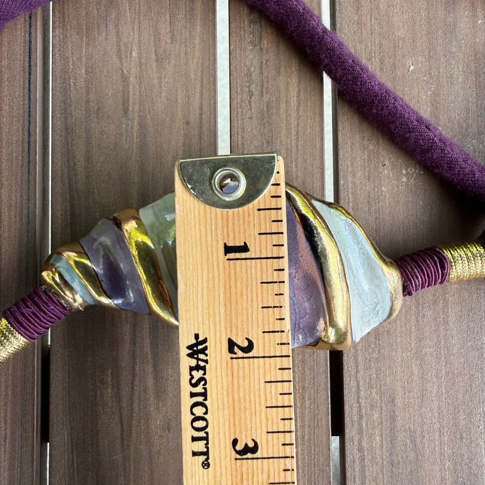 Vintage Artisan Ceramic Shell Rope Belt Purple Gold Glazed Sculptural Tie Belt